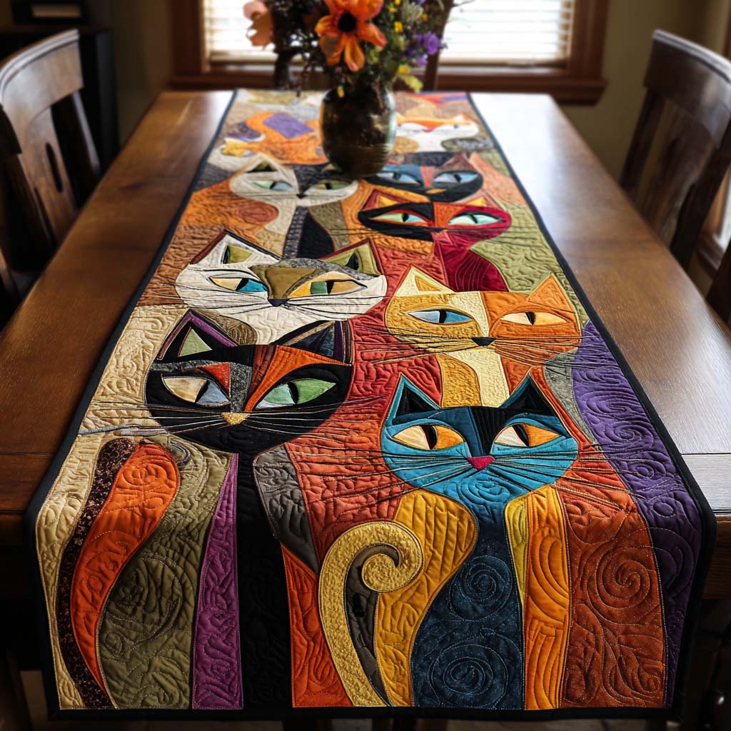 Feline Frolic Quilted Table Runner Dining Room Decor Presents For Cat People