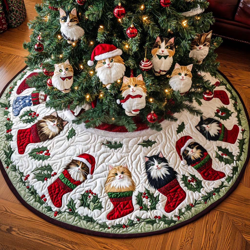 Feline Frost Christmas Quilted Tree Skirt Adorable Holiday Tree Skirt for Cozy Spaces