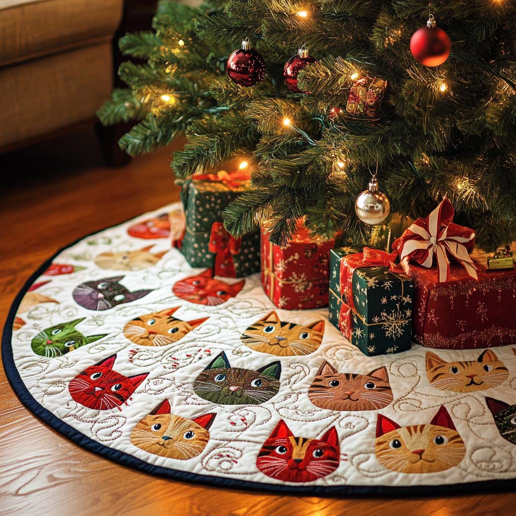 Feline Grace Christmas Quilted Tree Skirt Xmas Under Tree Decoration Seasonal Tree Area Decoration