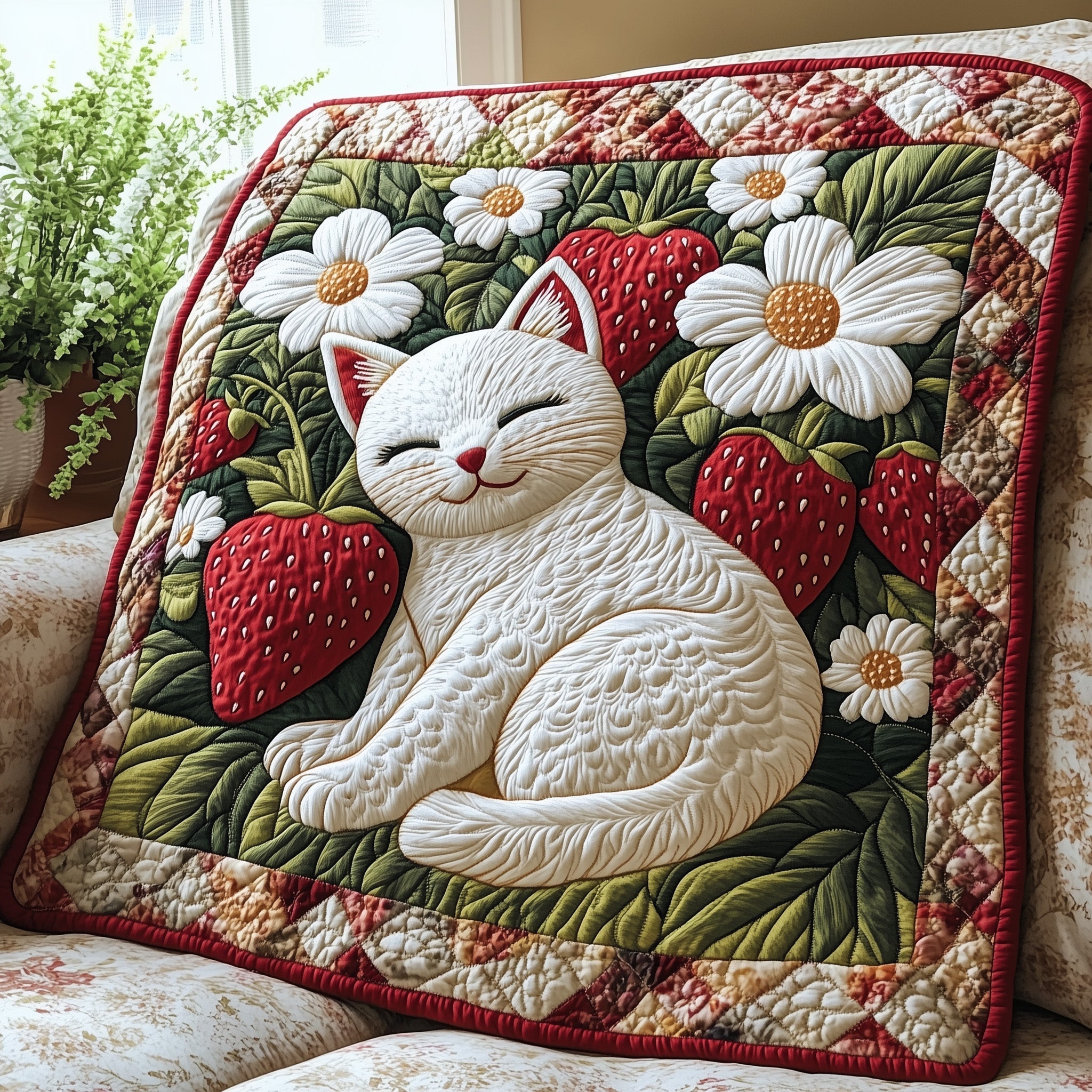 Feline in a Berry Patch Quilted Blanket Cute Bed BlanketBest Cat Christmas Gifts