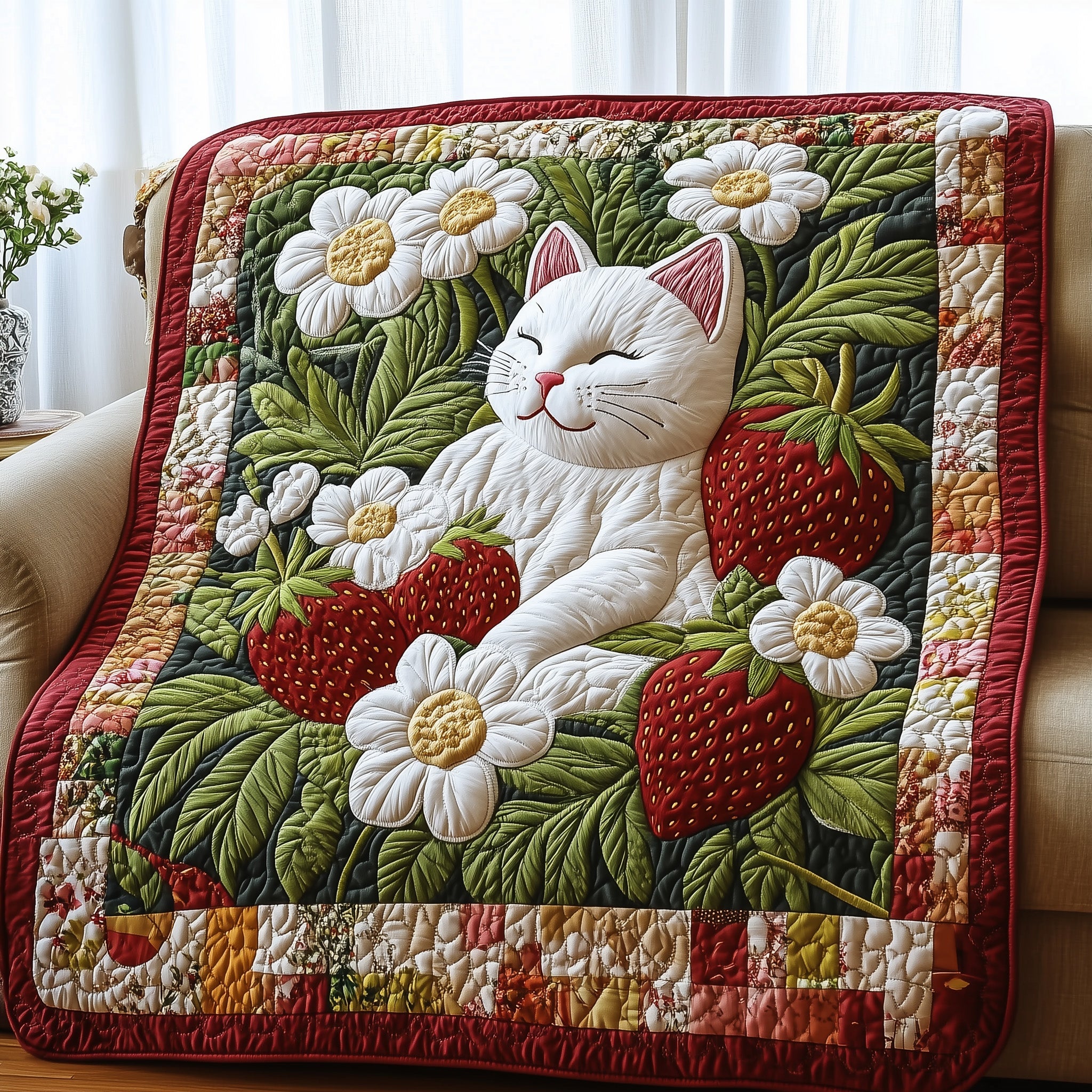 Feline in a Berry Patch Quilted Blanket Cute Bed BlanketLuxury Gifts For Cat Lovers