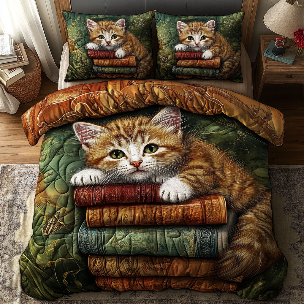 Feline Library Quilted Bedding Set Aesthetic Room Decor Gifts For Book Worm