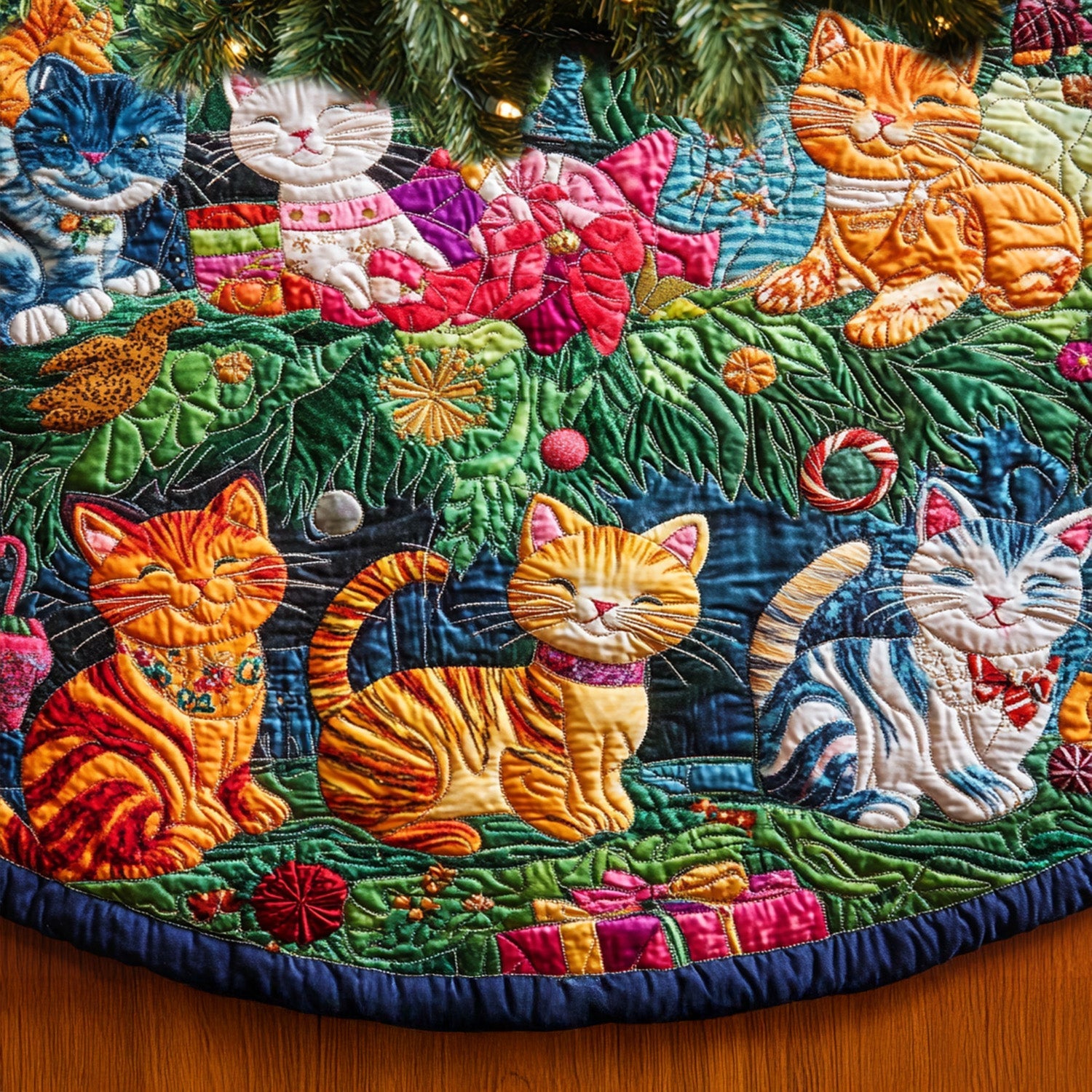 Feline Meadows Quilted Christmas Tree Skirt Holiday Living Room Decor