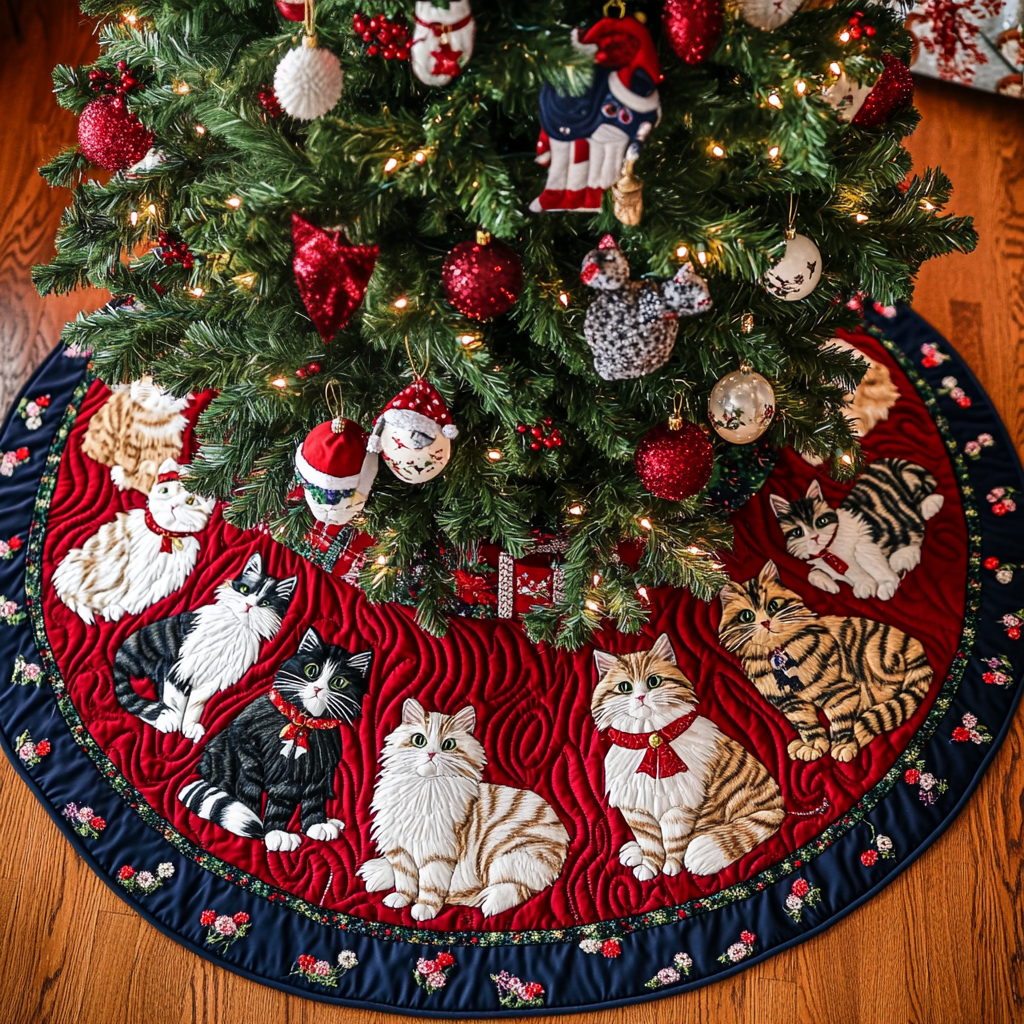 Feline Noel Charm Christmas Quilted Tree Skirt Luxury Christmas Tree Skirt for Elegant Homes