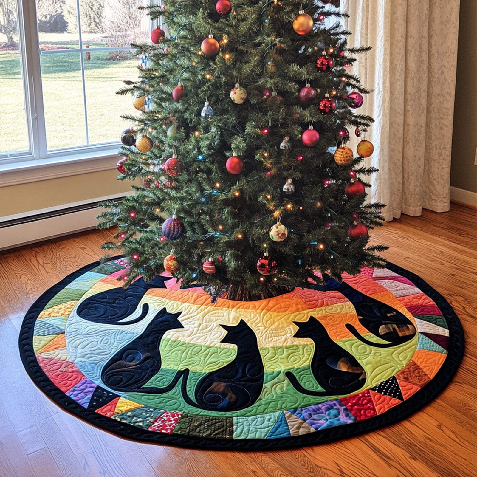 Feline Shadows Quilted Christmas Tree Skirt Perfect Merch Gift Tree Skirt for Holiday Season