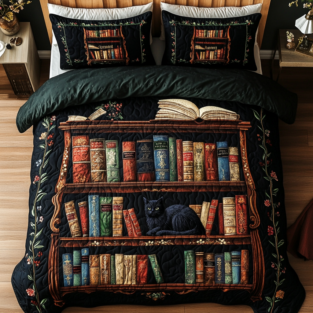 Feline Tales Quilted Bedding Set Christmas Bed Sheets Gifts For Book Lovers Friends