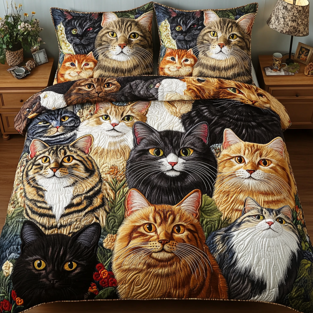 Feline Whisper Quilted Bedding Set Bedroom Decor Christmas Gift Ideas For Cat Lovers