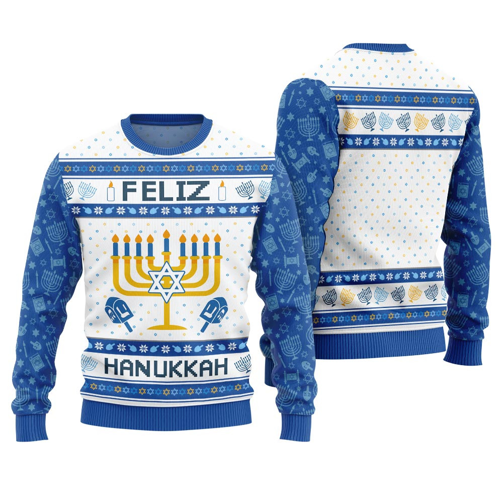 Feliz Hanukkah Ugly Christmas Sweater Heartwarming Christmas Gift Sweater for Him or Her