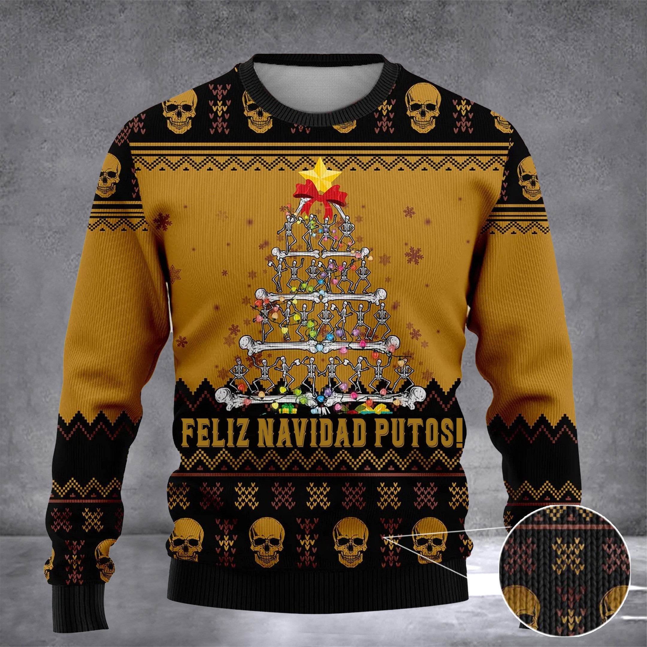 Feliz Navidad Putos Ugly Christmas Sweater Skeleton Christmas Tree Scary Clothing Presents