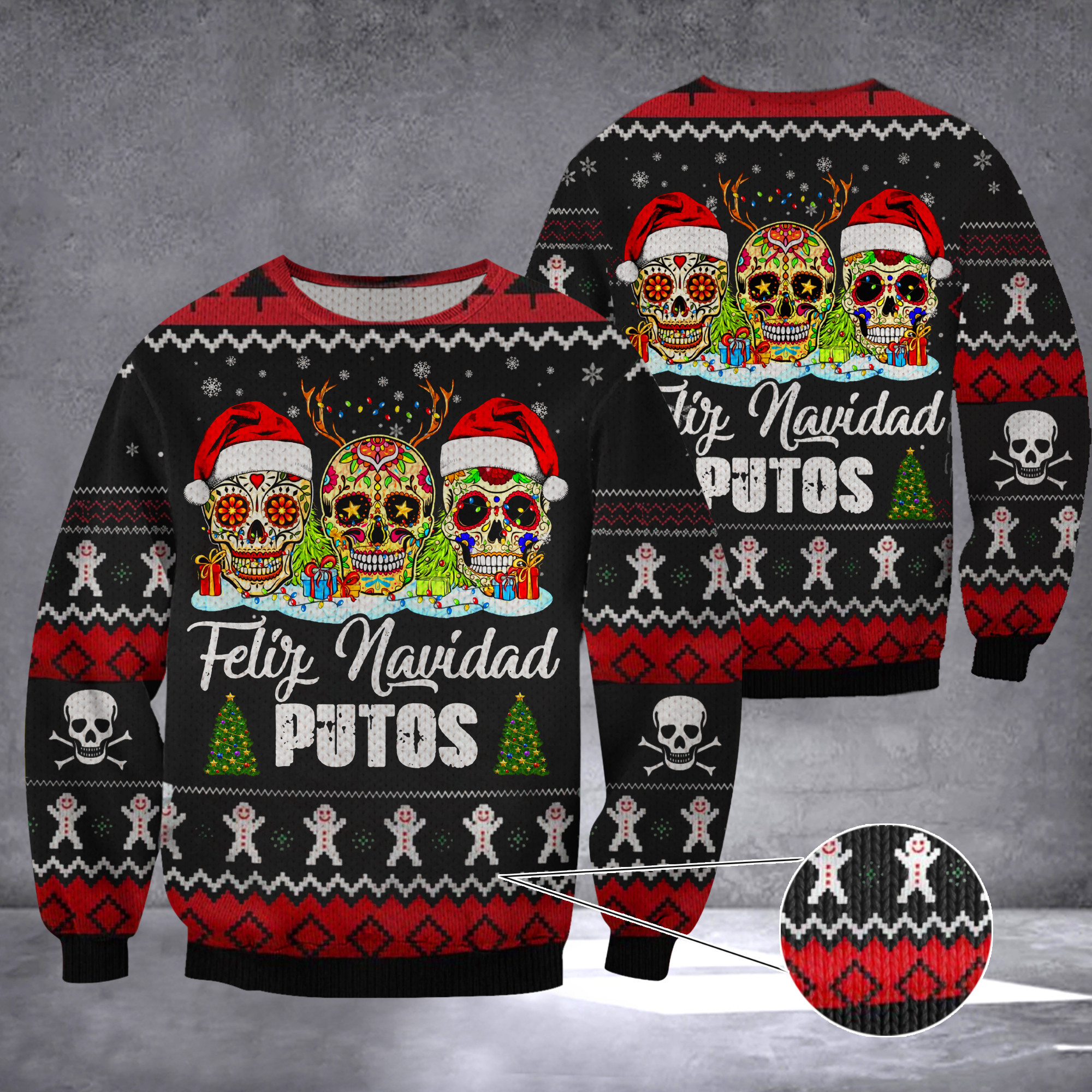 Feliz Navidad Putos Ugly Christmas Sweater Sugar Skull Ugly Holiday Sweater For Men