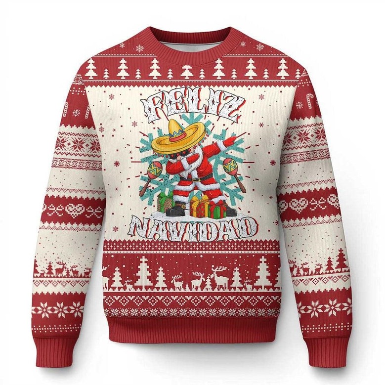 Feliz Navidad Ugly Holiday Sweater Mexican Santa With Sombrero Jumper Gifts For Fiesta Lovers