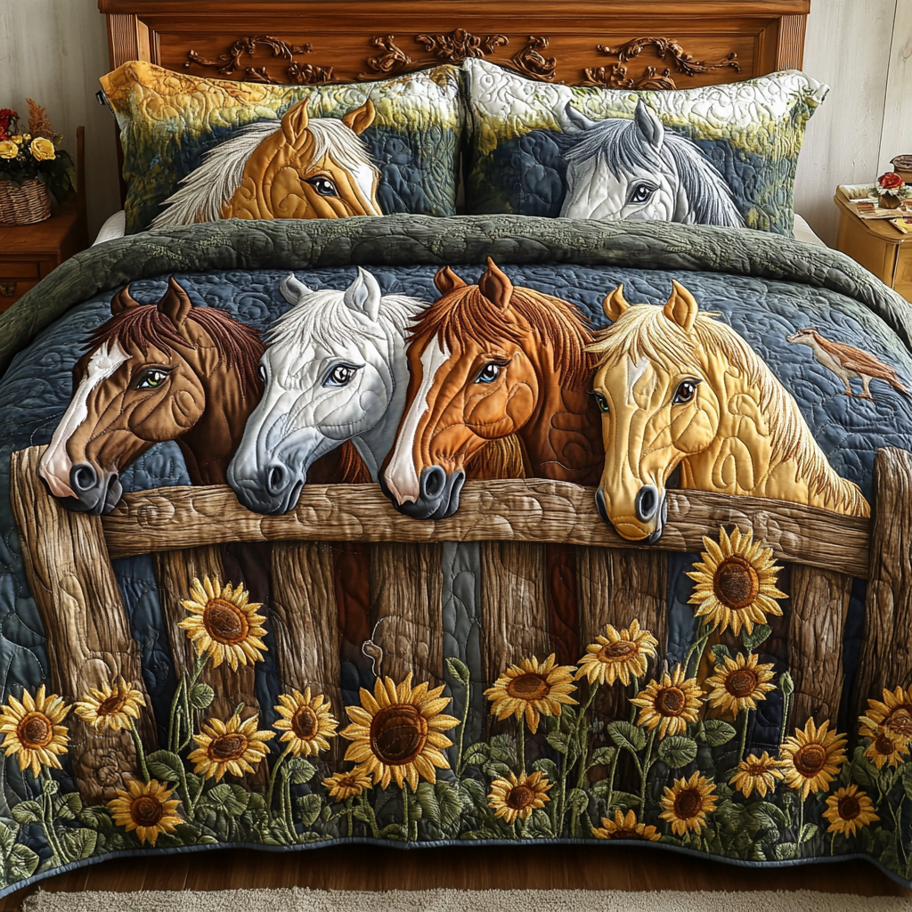 Fence Friends Quilted Bedding Set Aesthetic Room Decor Christmas Gifts For Horse Lovers