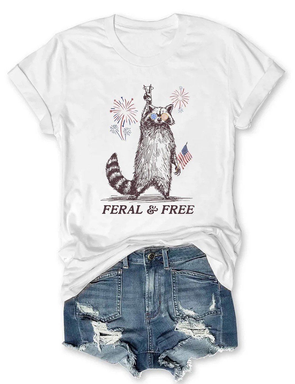 Feral Free 4th Of July Patriotic Shirt Humor Racoon Women T-Shirt Gifts For Mom