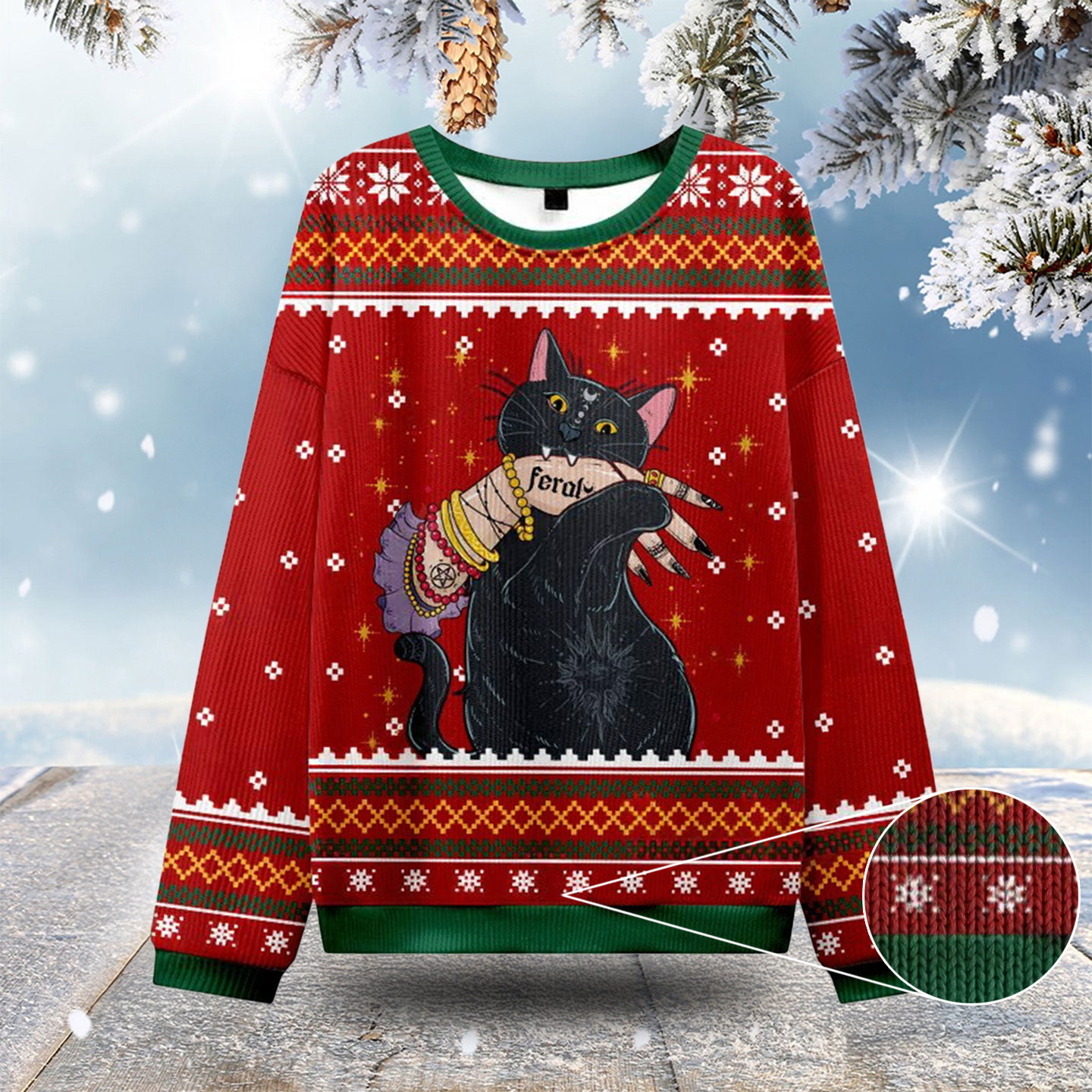 Feral Witch Cat Ugly Christmas Sweatshirts Silly Christmas Sweaters Gifts For Grandma