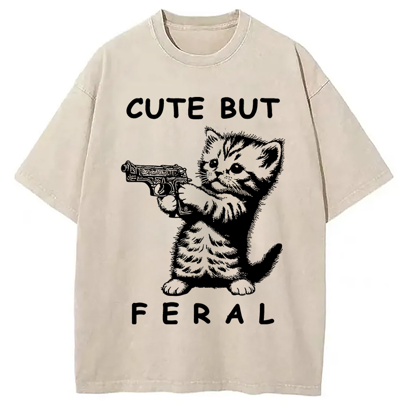 Ferocious Cat Washed T-Shirt Classic Graphic Fashion Tee Gifts For Besties