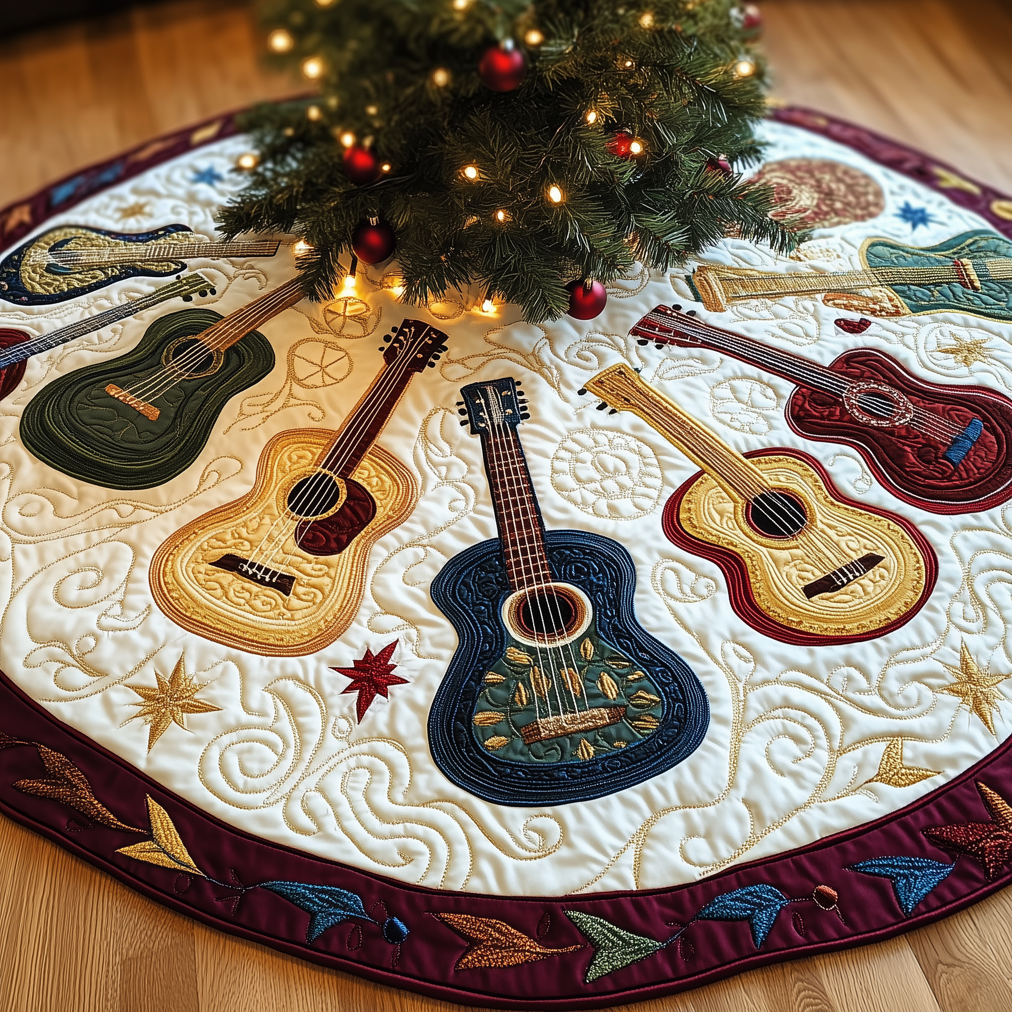 Festive Acoustic Guitars Quilted Tree Skirt Adorable Easter Gift Merch