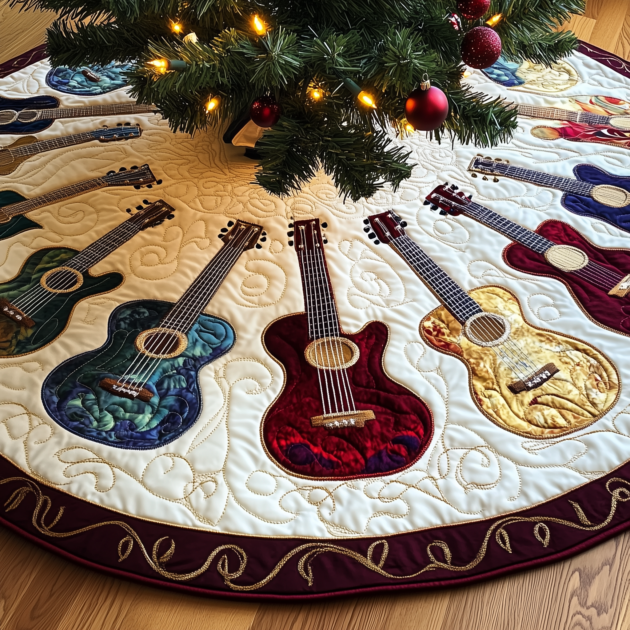 Festive Acoustic Guitars Quilted Tree Skirt Best Xmas Tree Skirts Indoor Decorations Xmas Gifts For Guitar Players