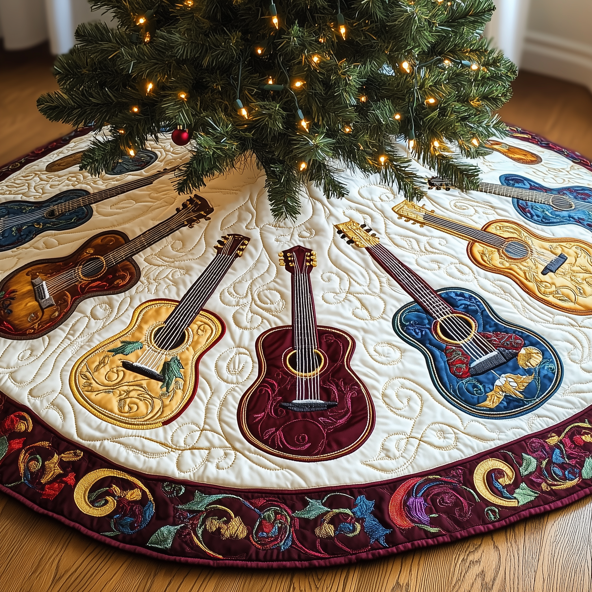 Festive Acoustic Guitars Quilted Tree Skirt Charming Thanksgiving Gift Merch