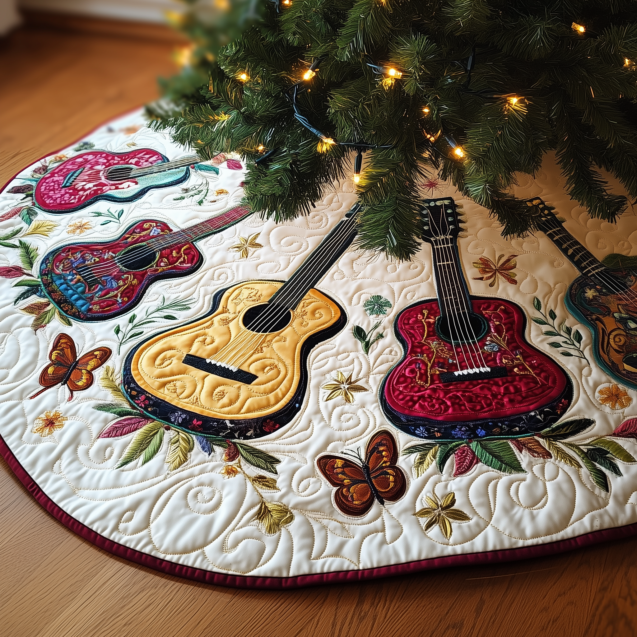 Festive Acoustic Guitars Quilted Tree Skirt Indoor Tree Decorations Christmas Gift Ideas For Guitarists