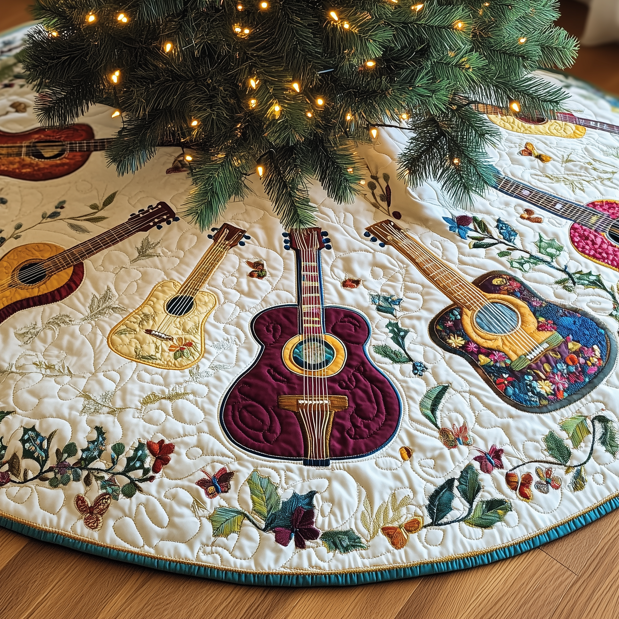 Festive Acoustic Guitars Quilted Tree Skirt Memorable Graduation Gift Merch