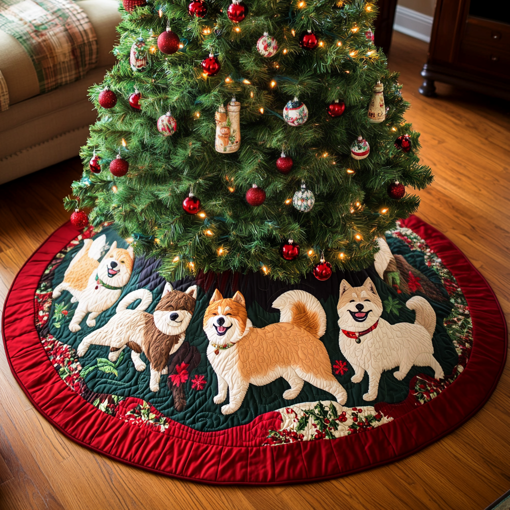 Festive Akita Joy Christmas Quilted Tree Skirt Christmas Tree Decor Warm And Cozy Holiday Decor