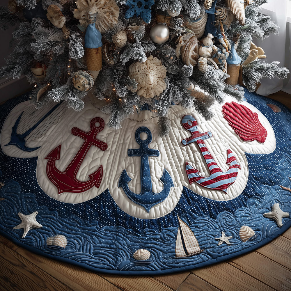 Festive Anchor Coast Christmas Quilted Tree Skirt Winter Holiday Decor Marine Anchor Gifts