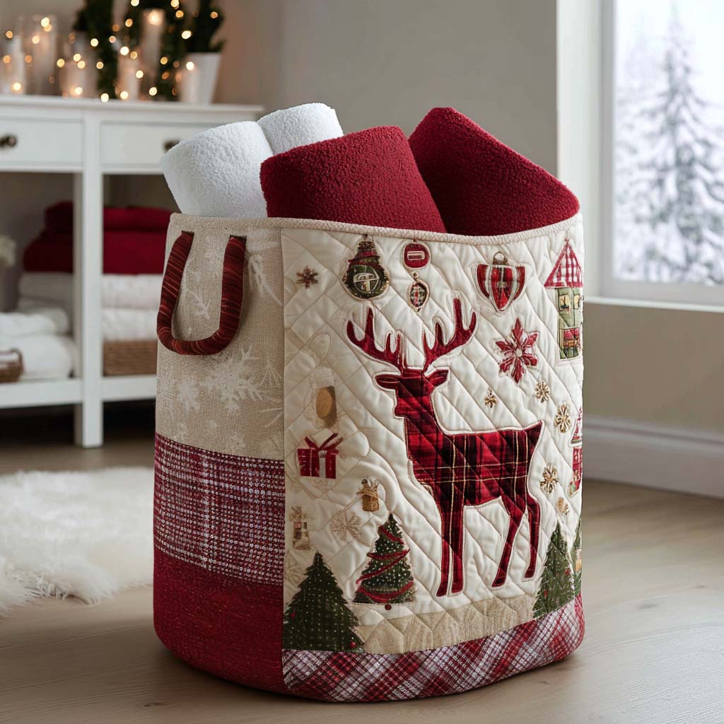 Festive Antlers Quilted Laundry Basket Portable Quilted Hamper for Easy Carrying and Storage