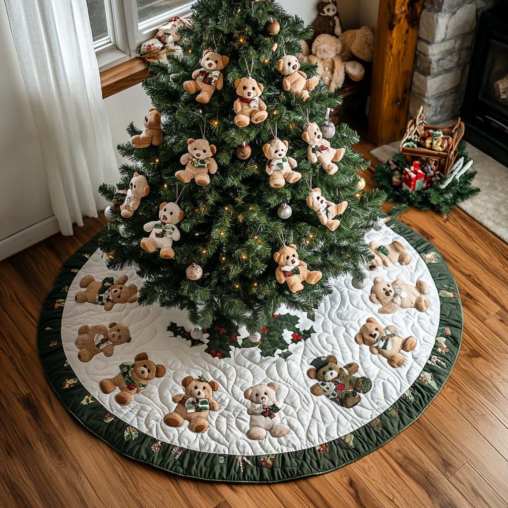 Festive Bear Gathering Christmas Quilted Tree Skirt Christmas Tree Decor