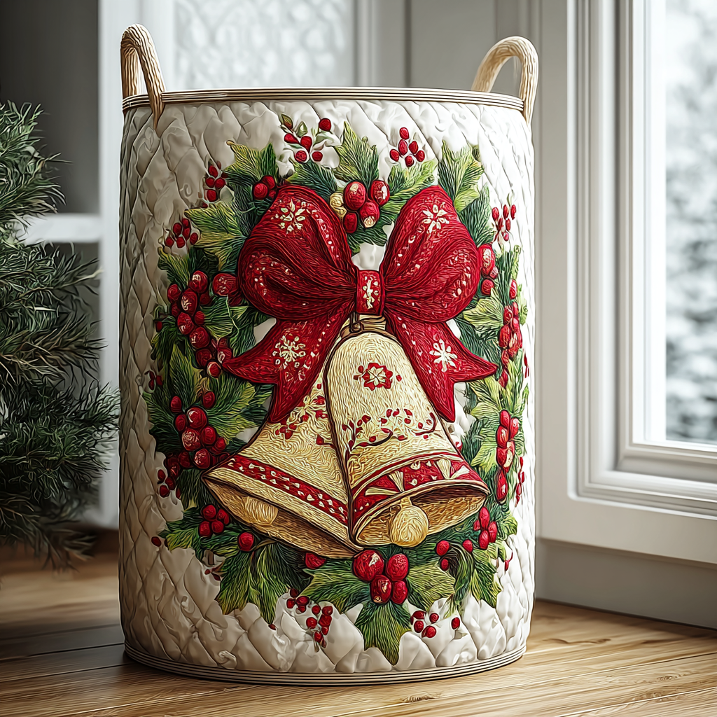 Festive Bell Quilted Laundry Basket Holiday Gift For Laundry Lovers