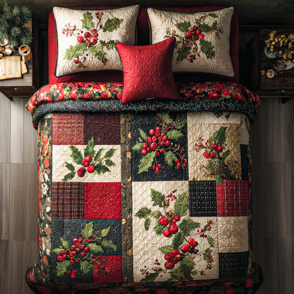 Festive Berries Quilted Bedding Set Luxury Duvet Cover Set for Elegant Bedroom Decor