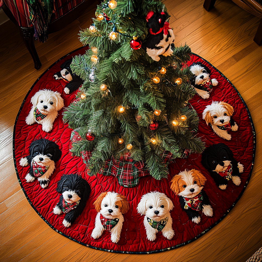 Festive Bichon Blessings Christmas Quilted Tree Skirt Festive Christmas Tree Skirt for Holiday Decor