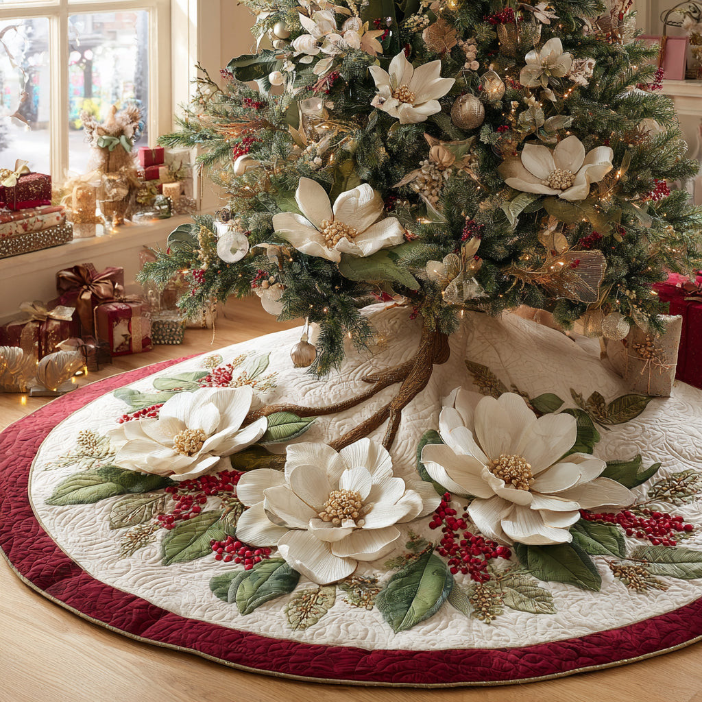 Festive Bloom Christmas Quilted Tree Skirt Flower Pattern Christmas Gifts For Her