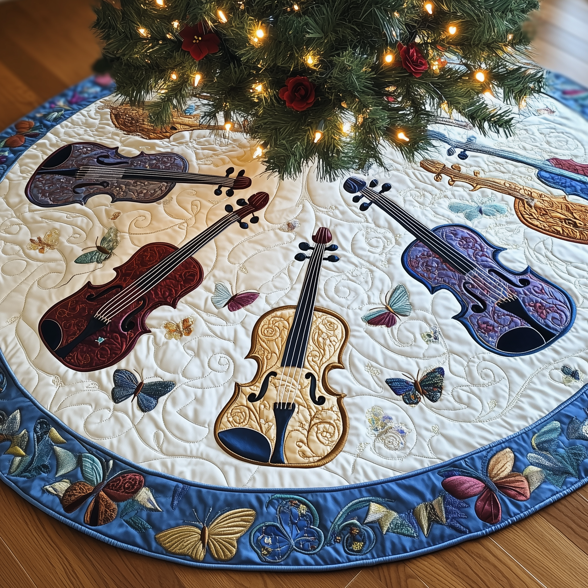 Festive Blue Violins Quilted Tree Skirt Cozy Home Decor Gift Merch