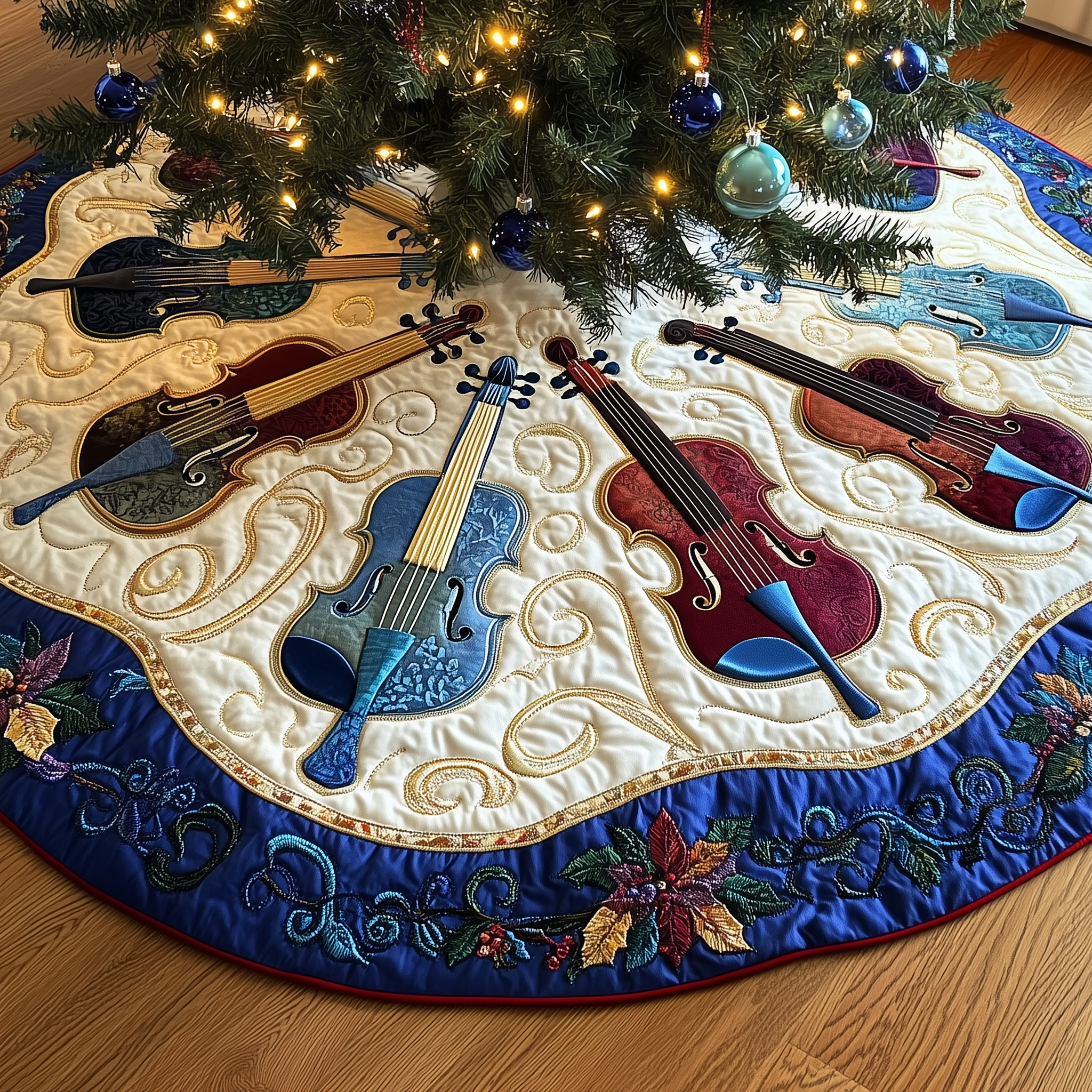 Festive Blue Violins Quilted Tree Skirt Xmas Tree Decorations Christmas Gifts For Violin Players