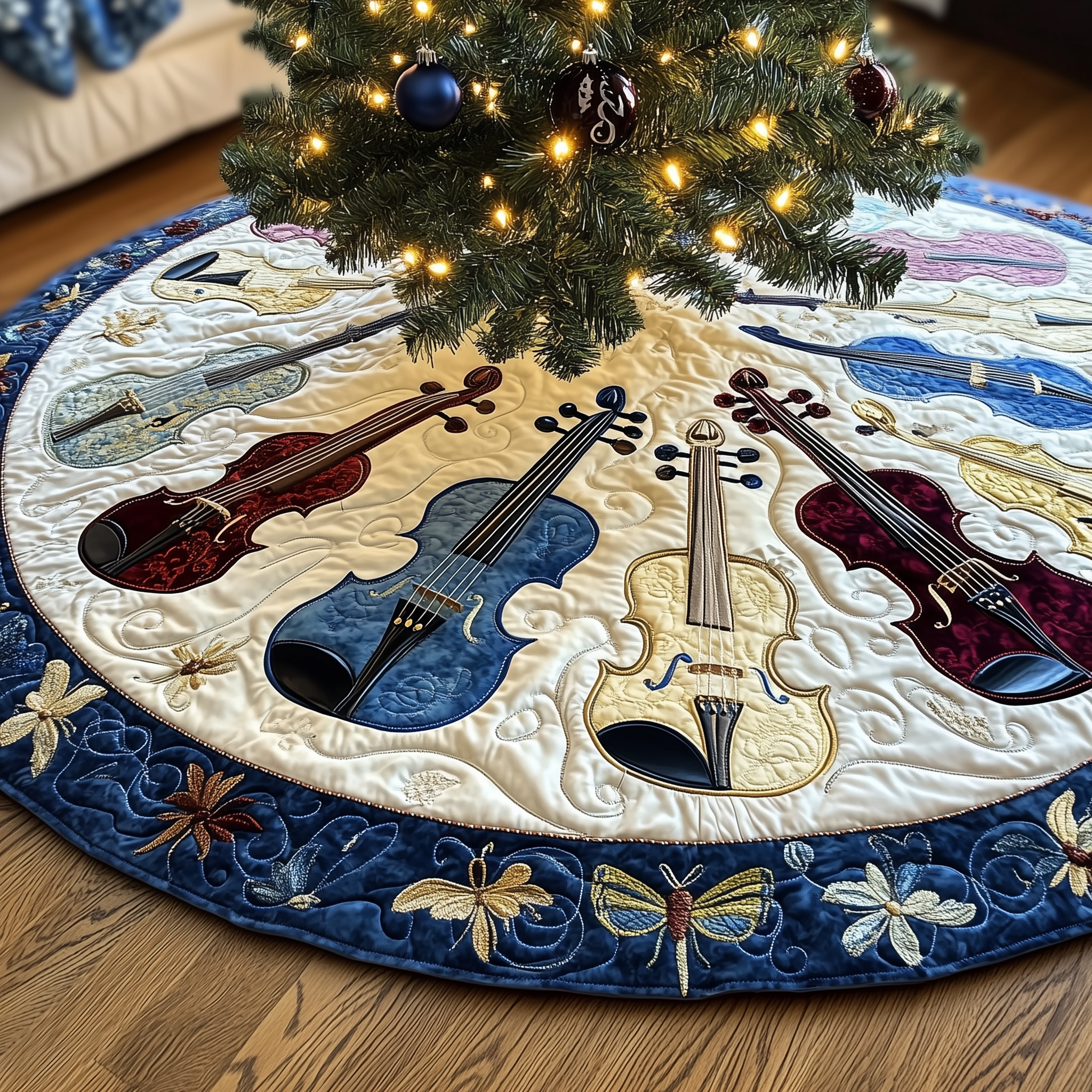 Festive Blue Violins Quilted Tree Skirt Xmas Tree Decorations Christmas Gifts For Violin Players