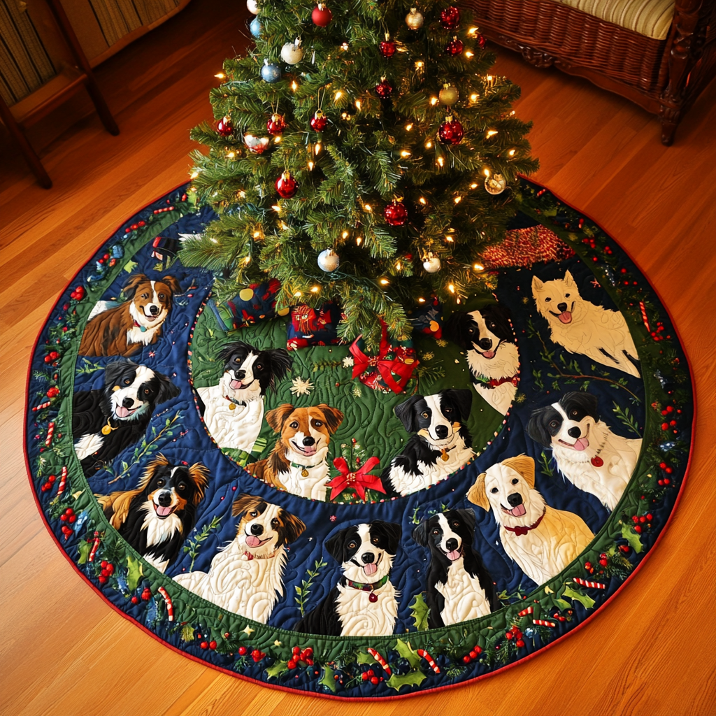 Festive Border Collies Christmas Quilted Tree Skirt Christmas Holiday Decor Home