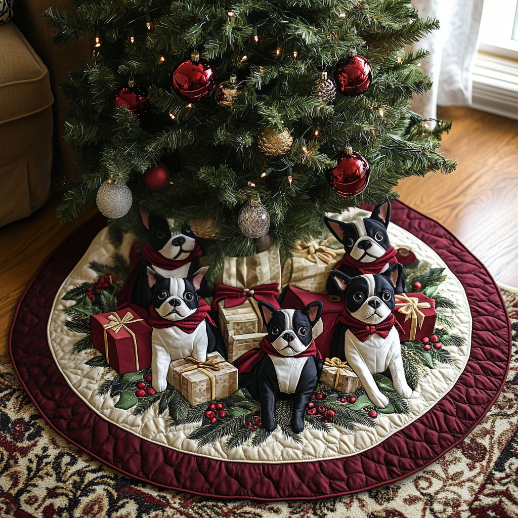 Festive Boston Charm Quilted Christmas Tree Skirt Xmas Home Decor Gift For Dog Lover Woman
