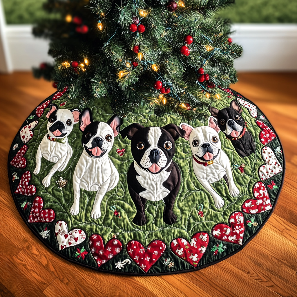 Festive Boston Terrier Joy Christmas Quilted Tree Skirt Festive Christmas Home Styling Festive Tree Base Cover