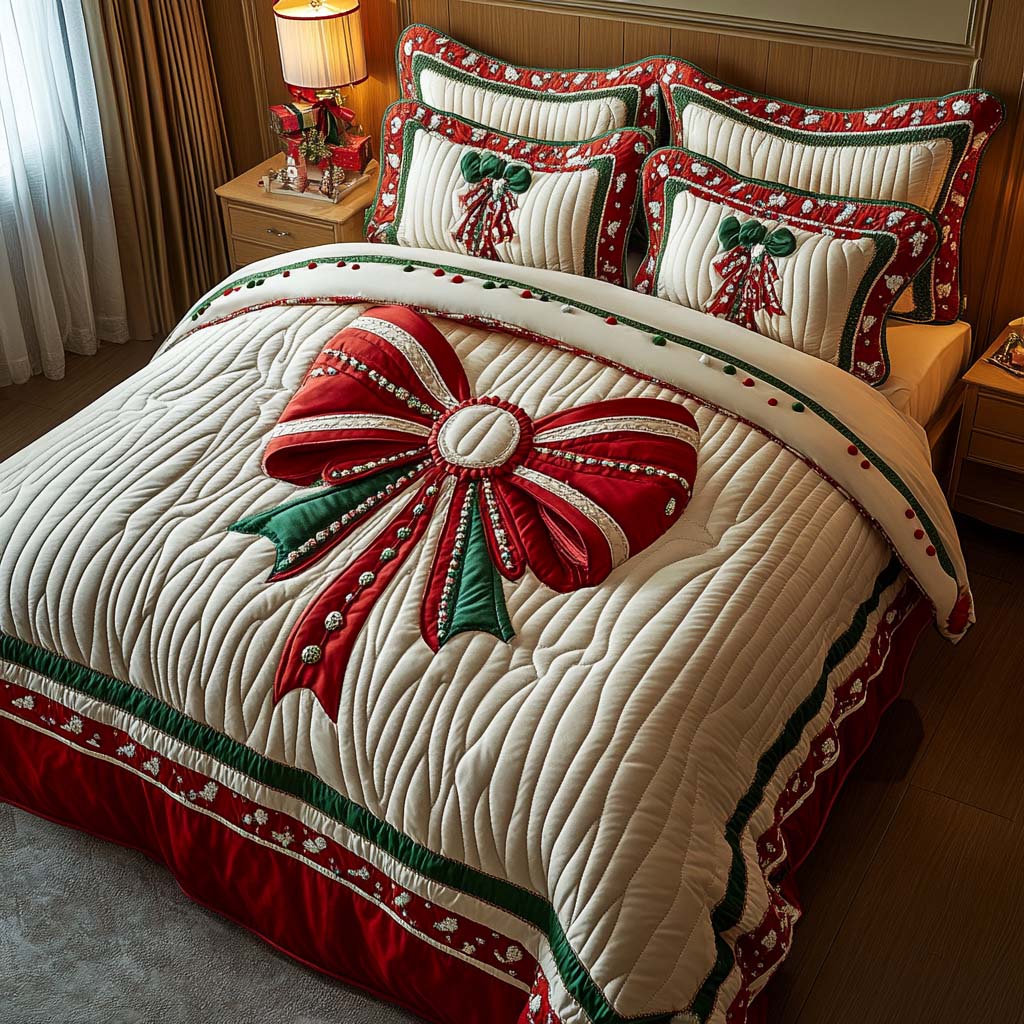 Festive Bow Elegance Quilted Bedding Set Cozy Bedroom Decor Gifts For Bible Study Ladies