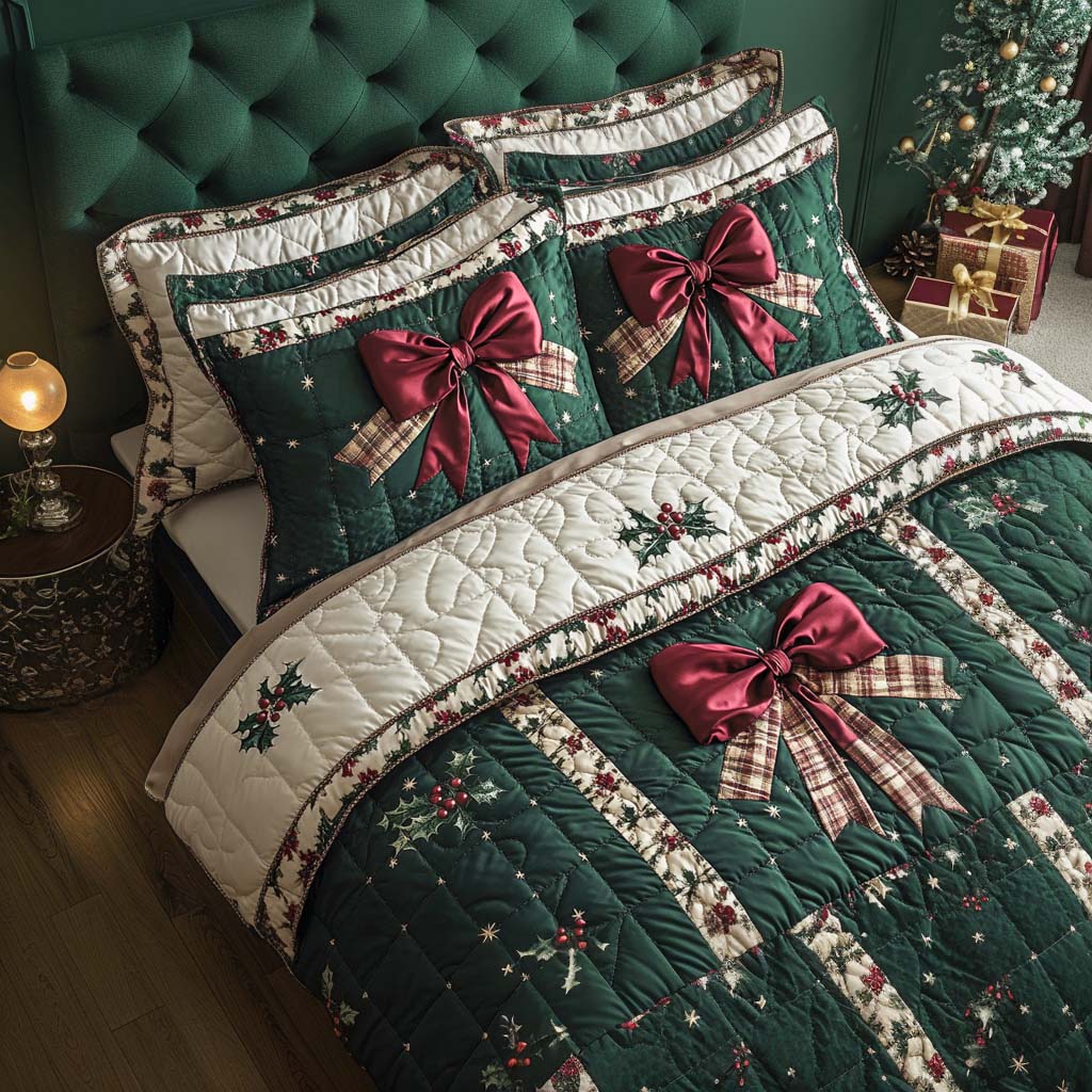 Festive Bow Serenade Quilted Bedding Set Holiday Duvet Cover Set Family Christmas Presents