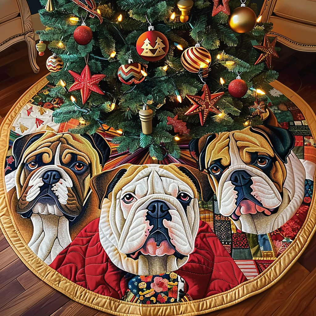 Festive Bulldog Fun Christmas Quilted Tree Skirt Seasonal Tree Area Decoration Xmas Under-Tree Decoration