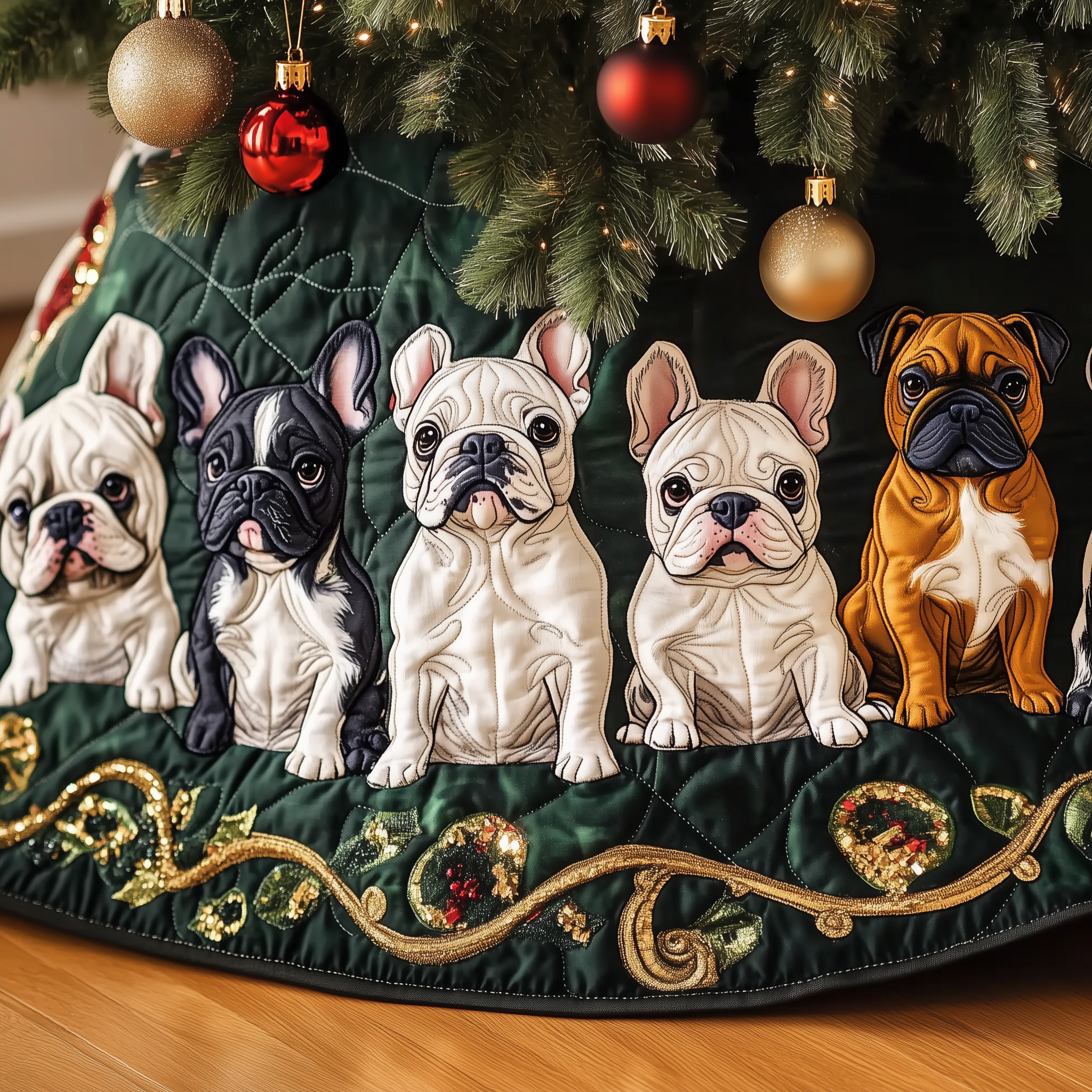 Festive Bulldog Quilted Tree Skirt Beautiful Christmas Home Merch