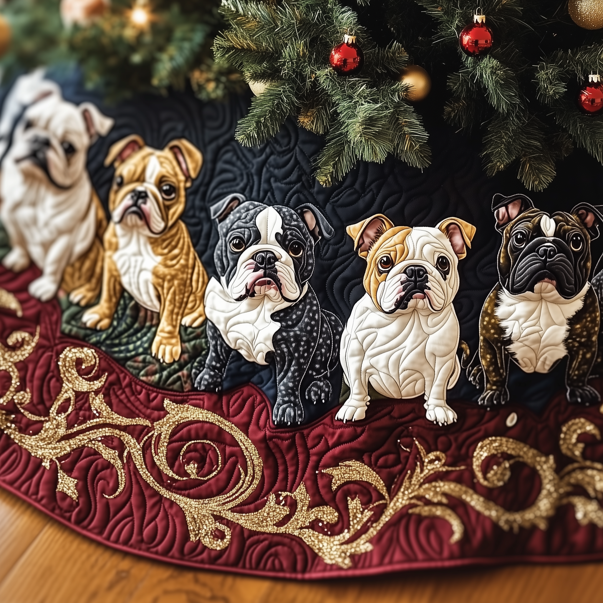 Festive Bulldog Quilted Tree Skirt Charming Tree Skirt Gift Idea