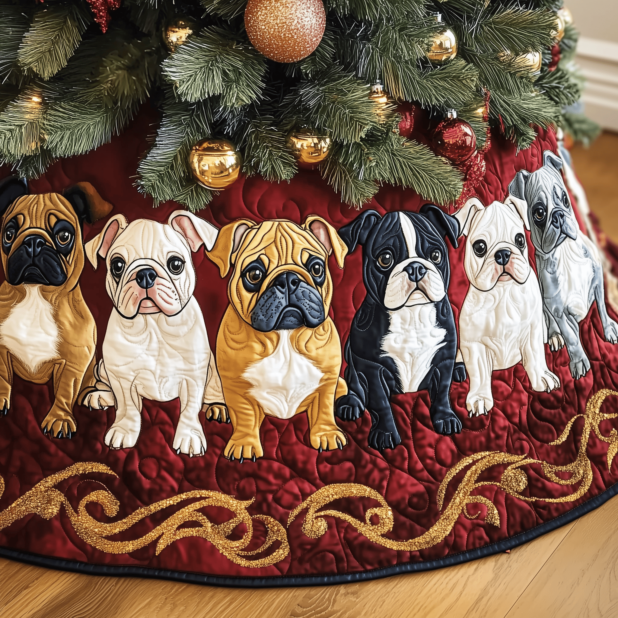 Festive Bulldog Quilted Tree Skirt Christmas Tree Surround Decorations Themed Bulldog Owner Gifts