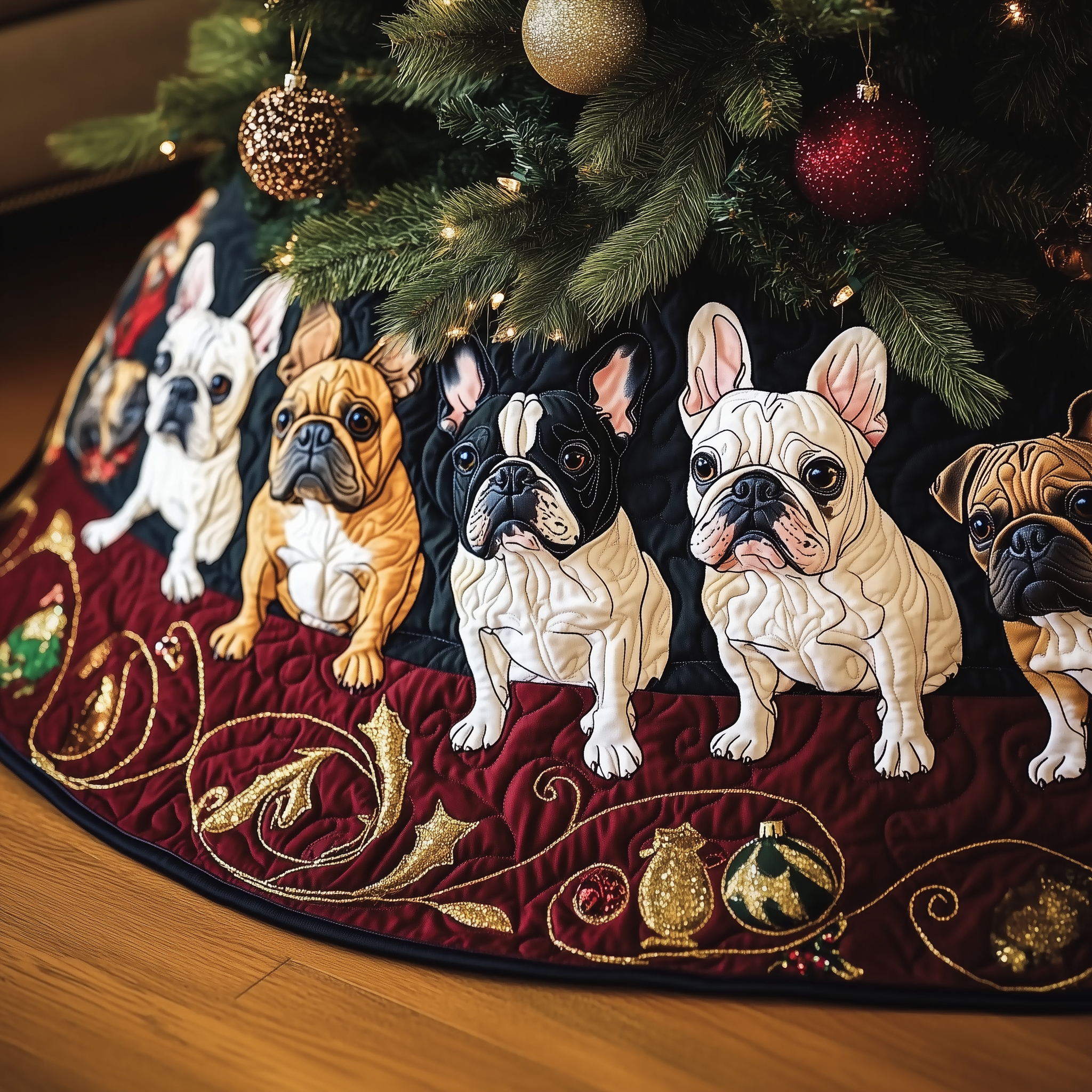 Festive Bulldog Quilted Tree Skirt Christmas Tree Surround Decorations Themed Bulldog Owner Gifts