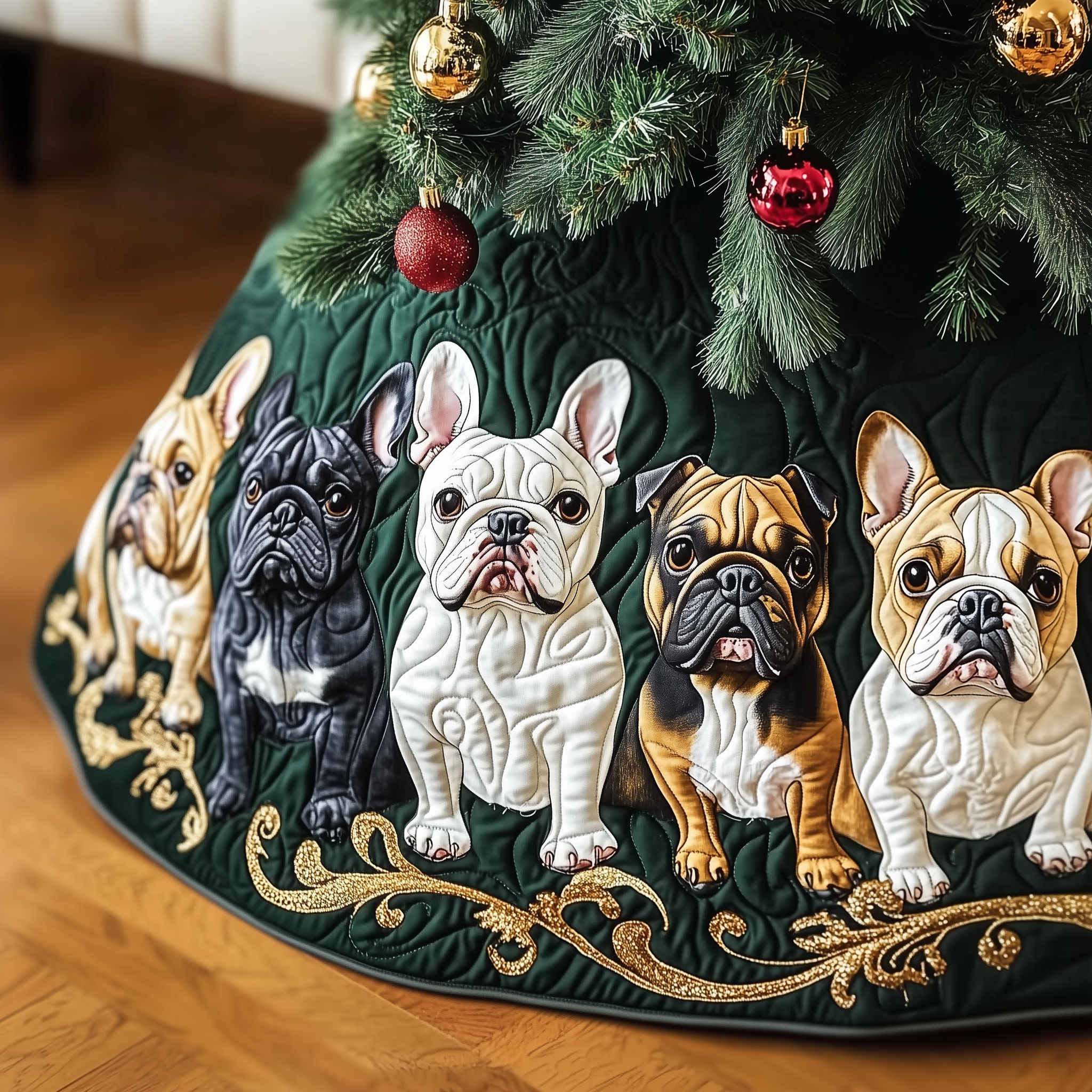 Festive Bulldog Quilted Tree Skirt Stylish Holiday Decor Gift Merch