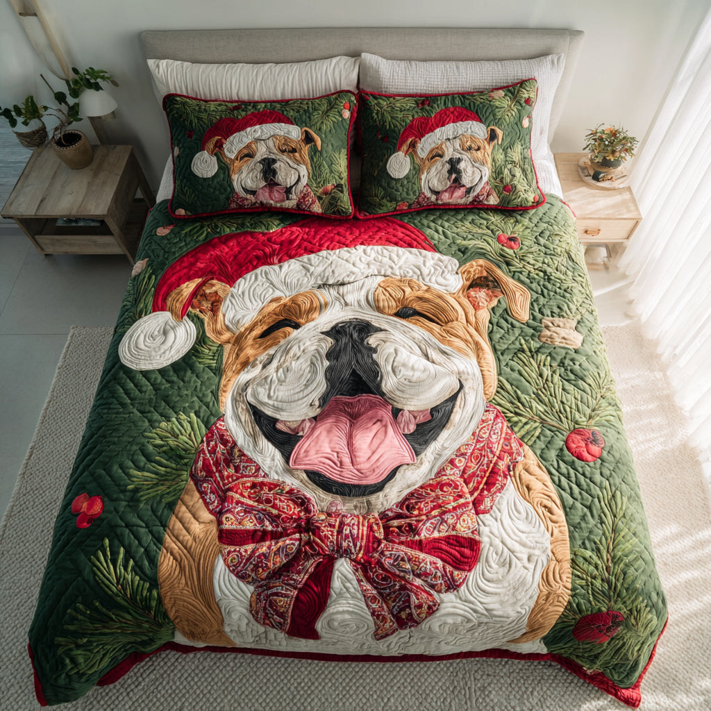 Festive Bulldog Smile Quilted Bedding Set Christmas Duvet Cover French Bulldog Gifts For Her