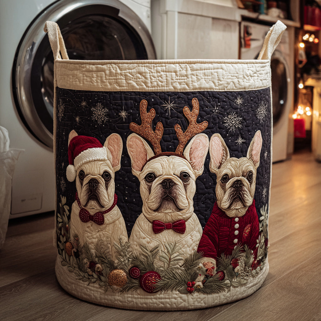 Festive Bulldog Trio Quilted Laundry Basket Mother's Day Merch Gift