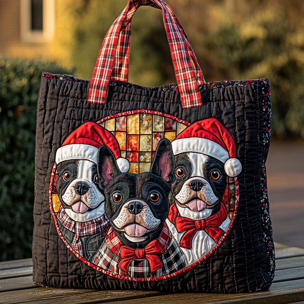 Festive Bulldog Trio Quilted Tote Bag Christmas Gifts For Dog Lovers