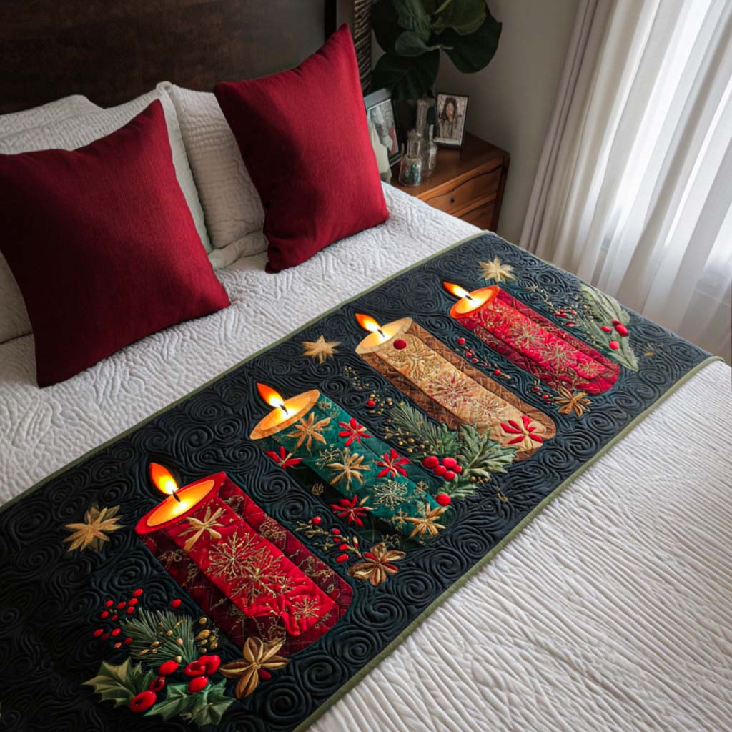 Festive Candles Quilted Bed Runner Christmas Holiday Decor Great Family Xmas Gifts